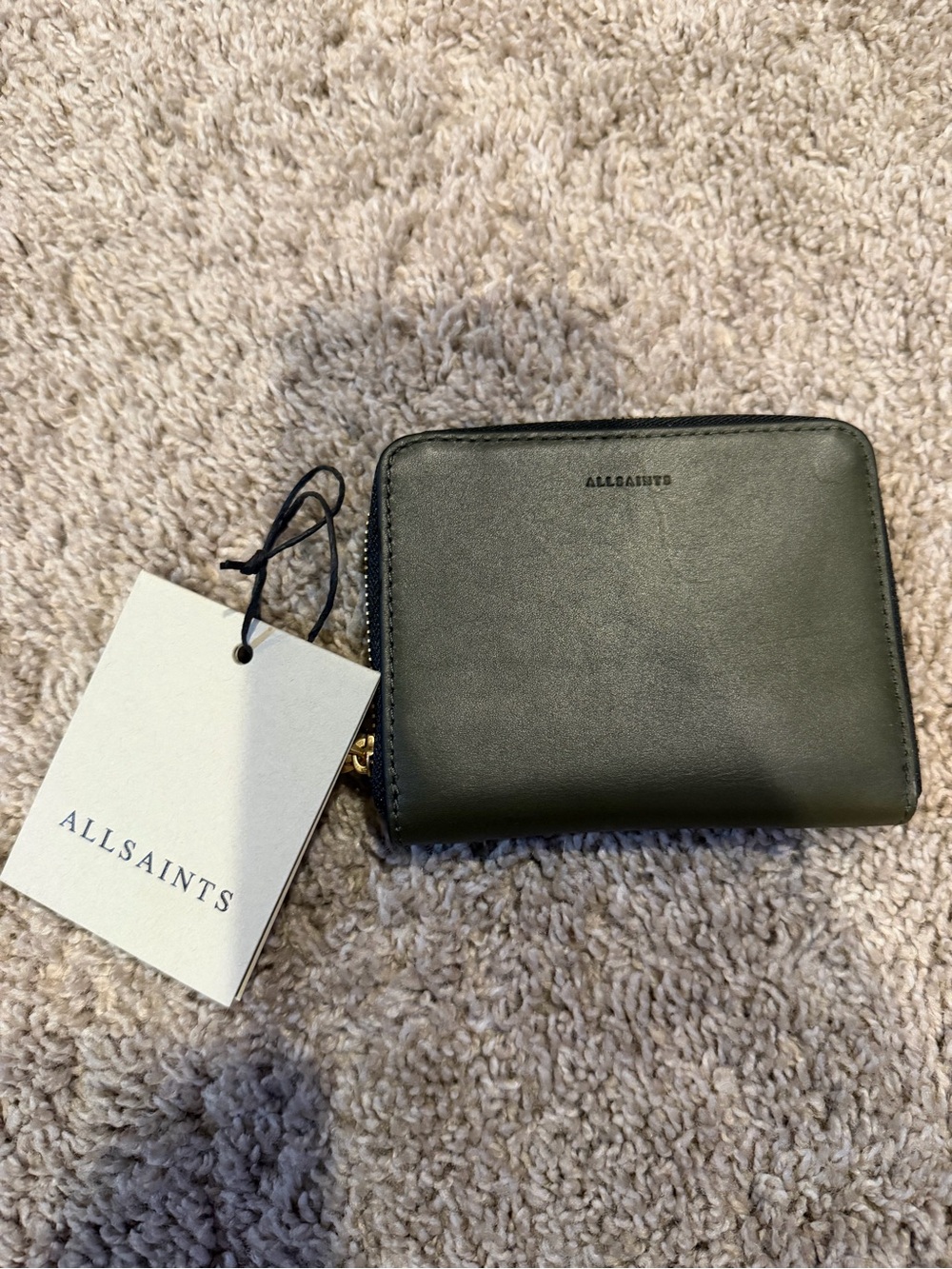 All Saints Olive Green Leather Zip Card Holder with Gold Hardware